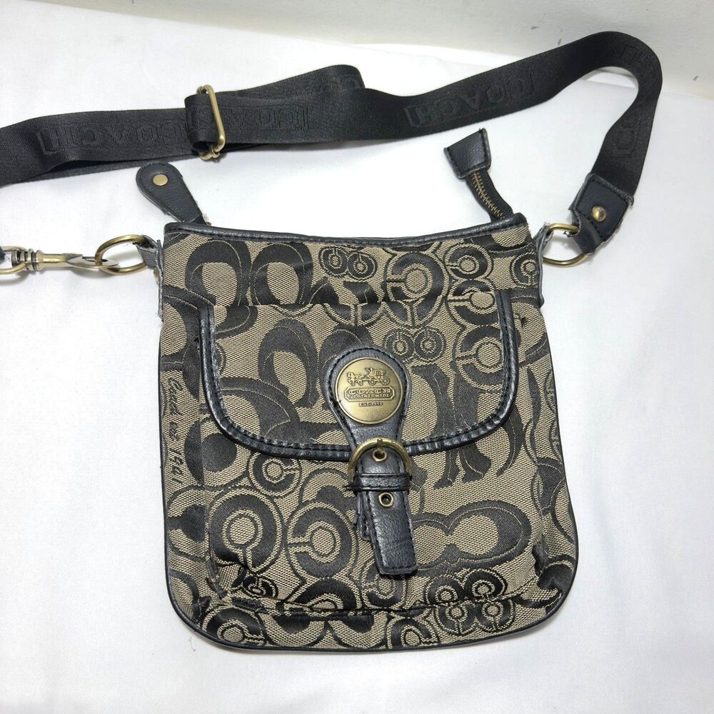 Vintage COACH 9070 Signature C Canvas Brown/Black Crossbody Bag 9x9.5 inches